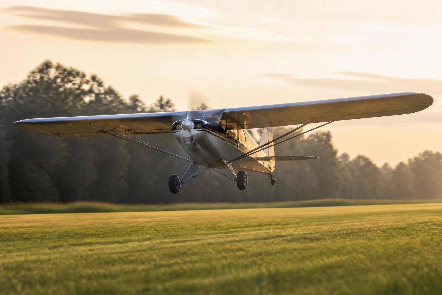 Vintage tailwheel aircraft departing a grass runway