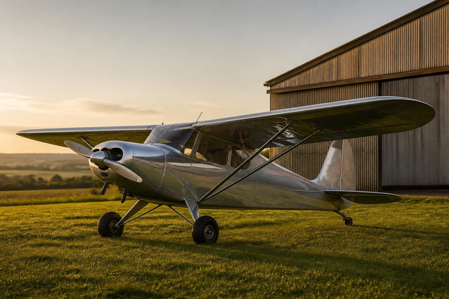 Vintage high-wing tailwheel aircraft parked on a grass airfield