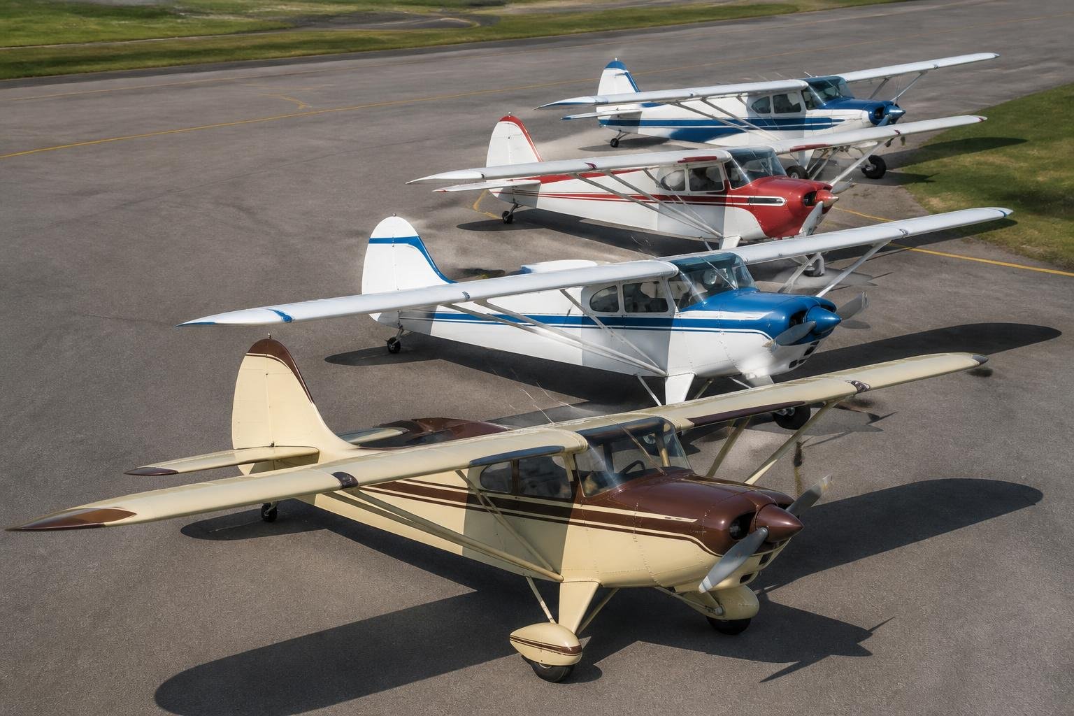 Several vintage high-wing tailwheel aircraft showing configuration differences