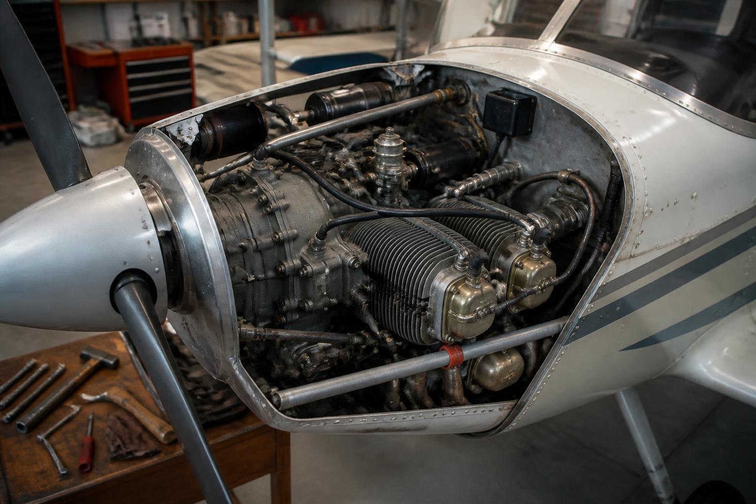 Air-cooled piston engine visible through an open aircraft cowling