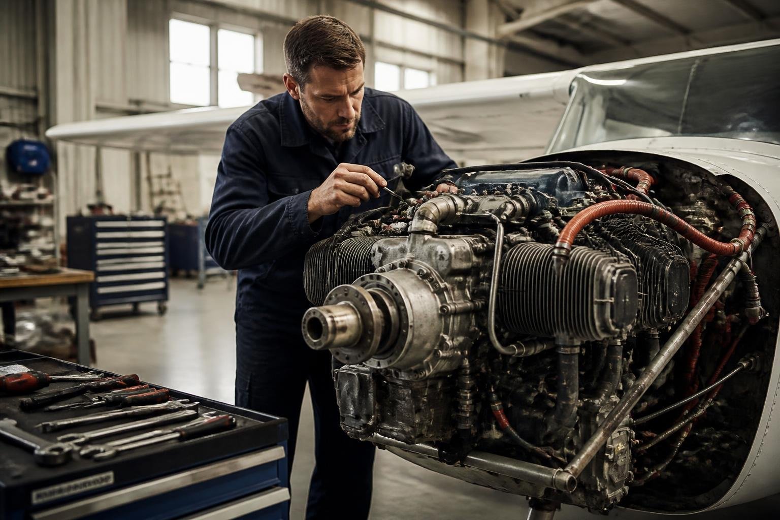 Mechanic inspecting a piston aircraft engine in a hangar