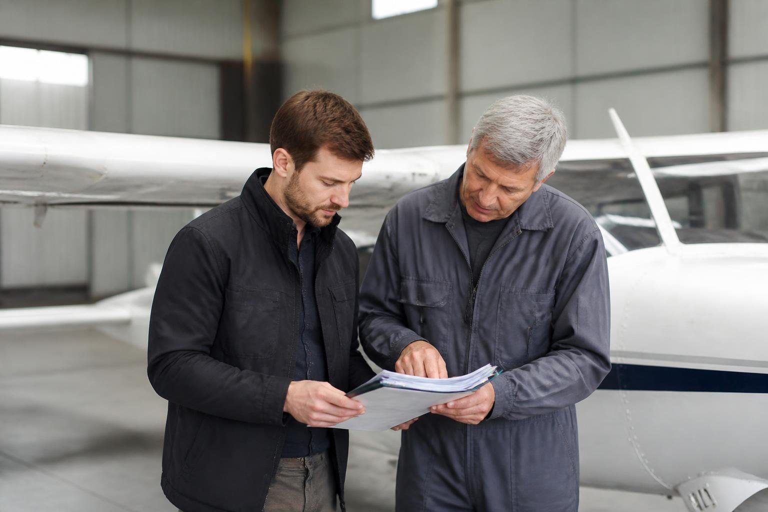 Aircraft buyer and inspector reviewing records in a hangar