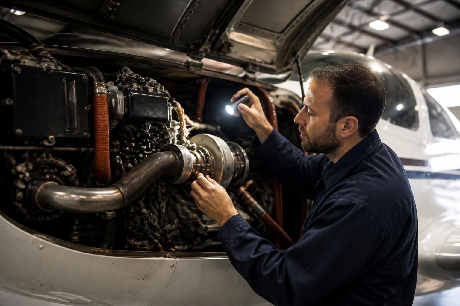 Mechanic inspecting a piston aircraft turbocharger installation