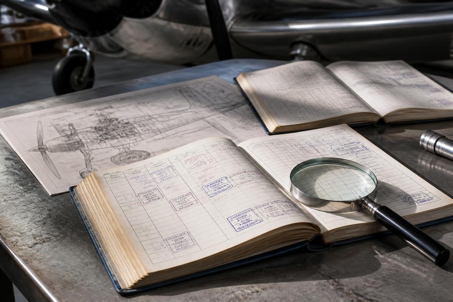 Aircraft maintenance records laid out for inspection