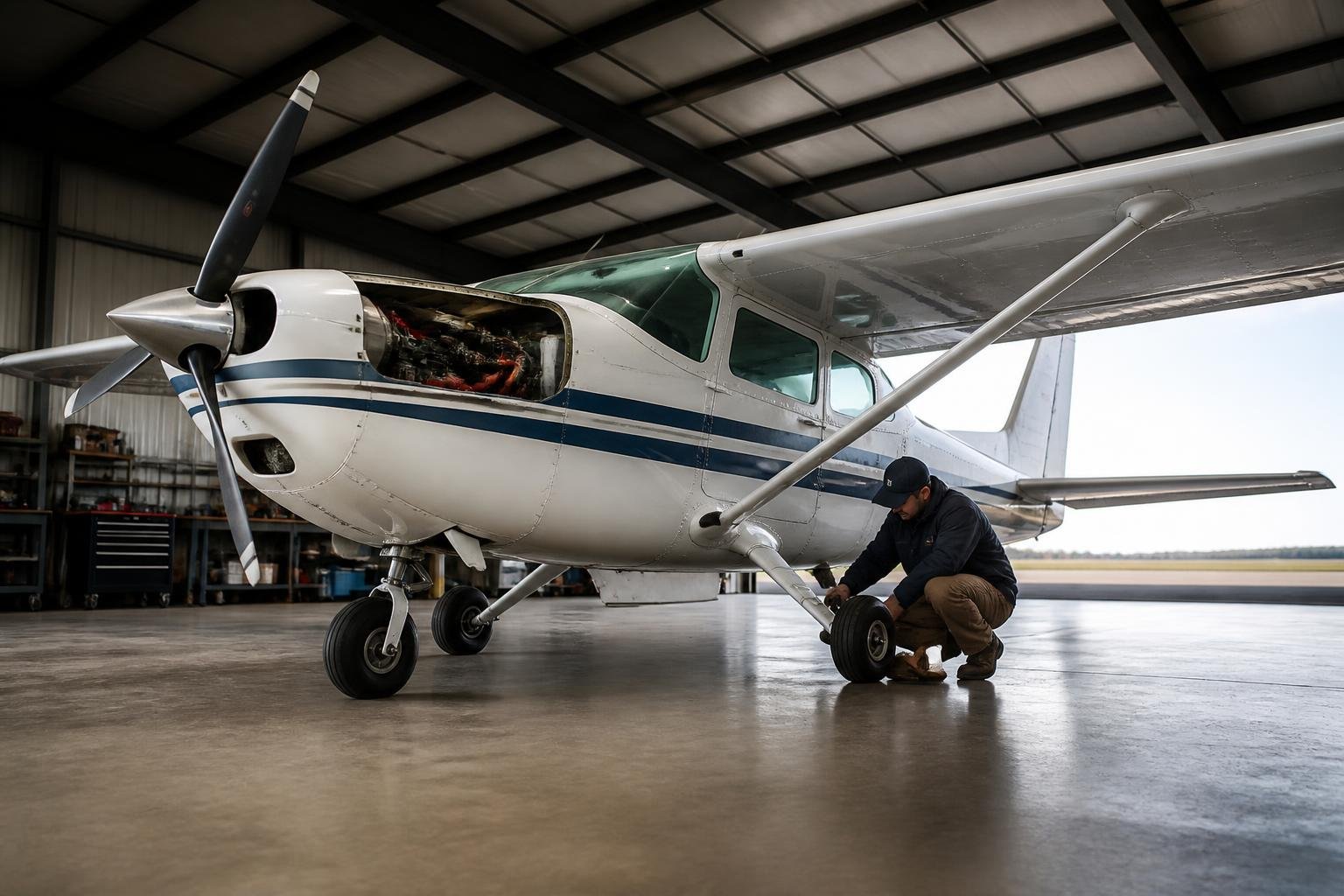 Detailed visual inspection of a light aircraft in a hangar