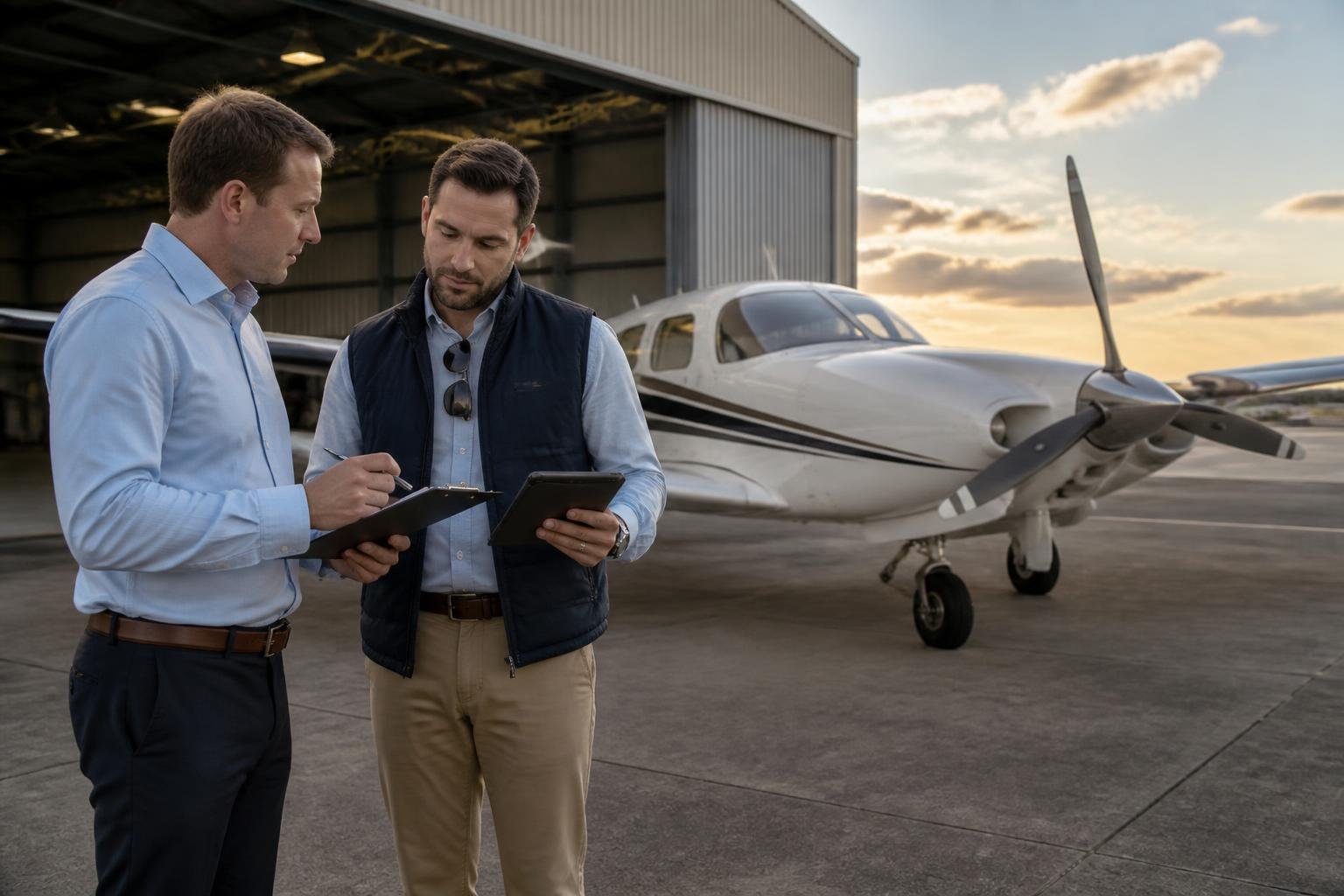 Seller and buyer discussing an aircraft before auction