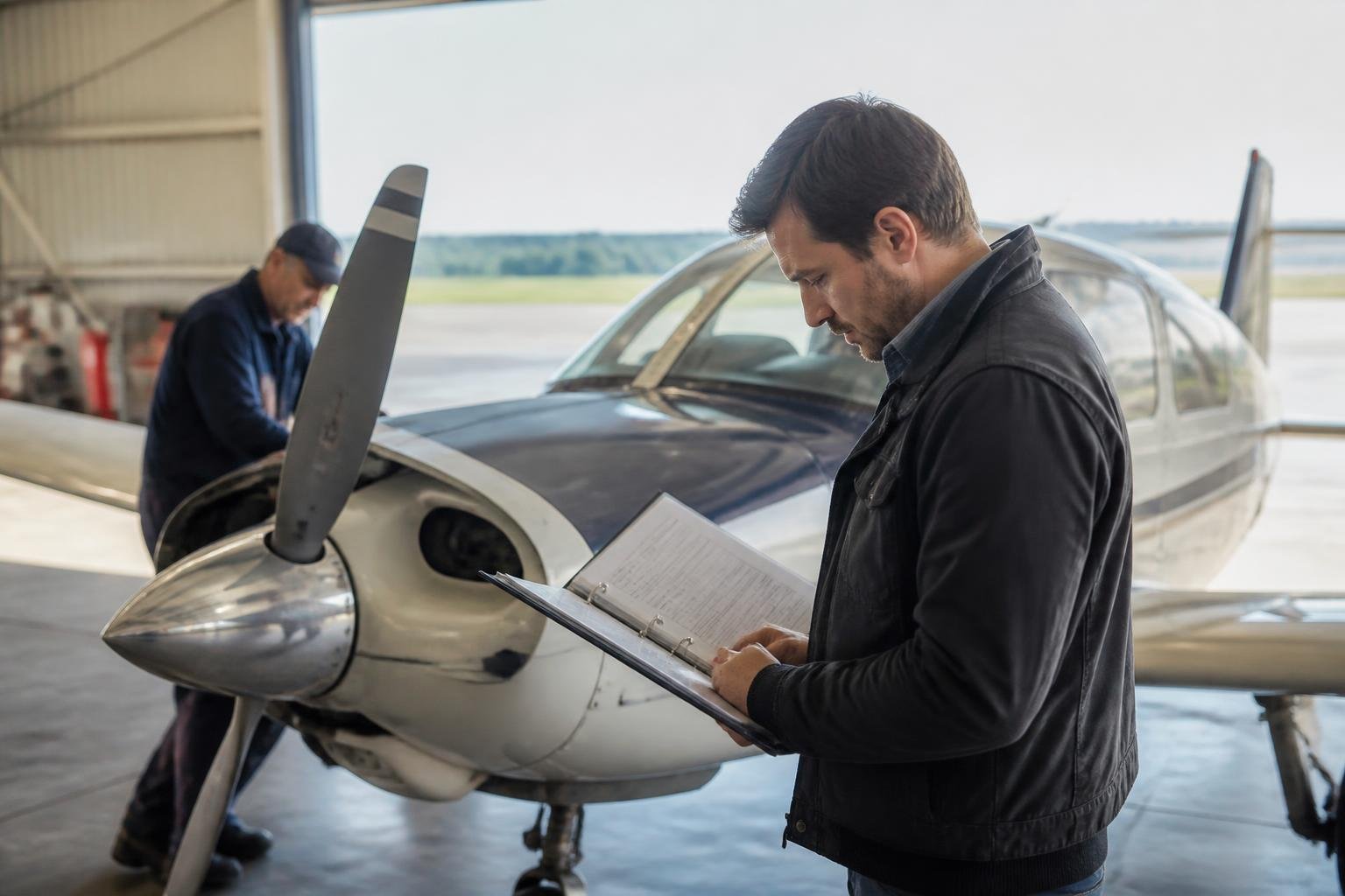Buyer reviewing aircraft records in a hangar